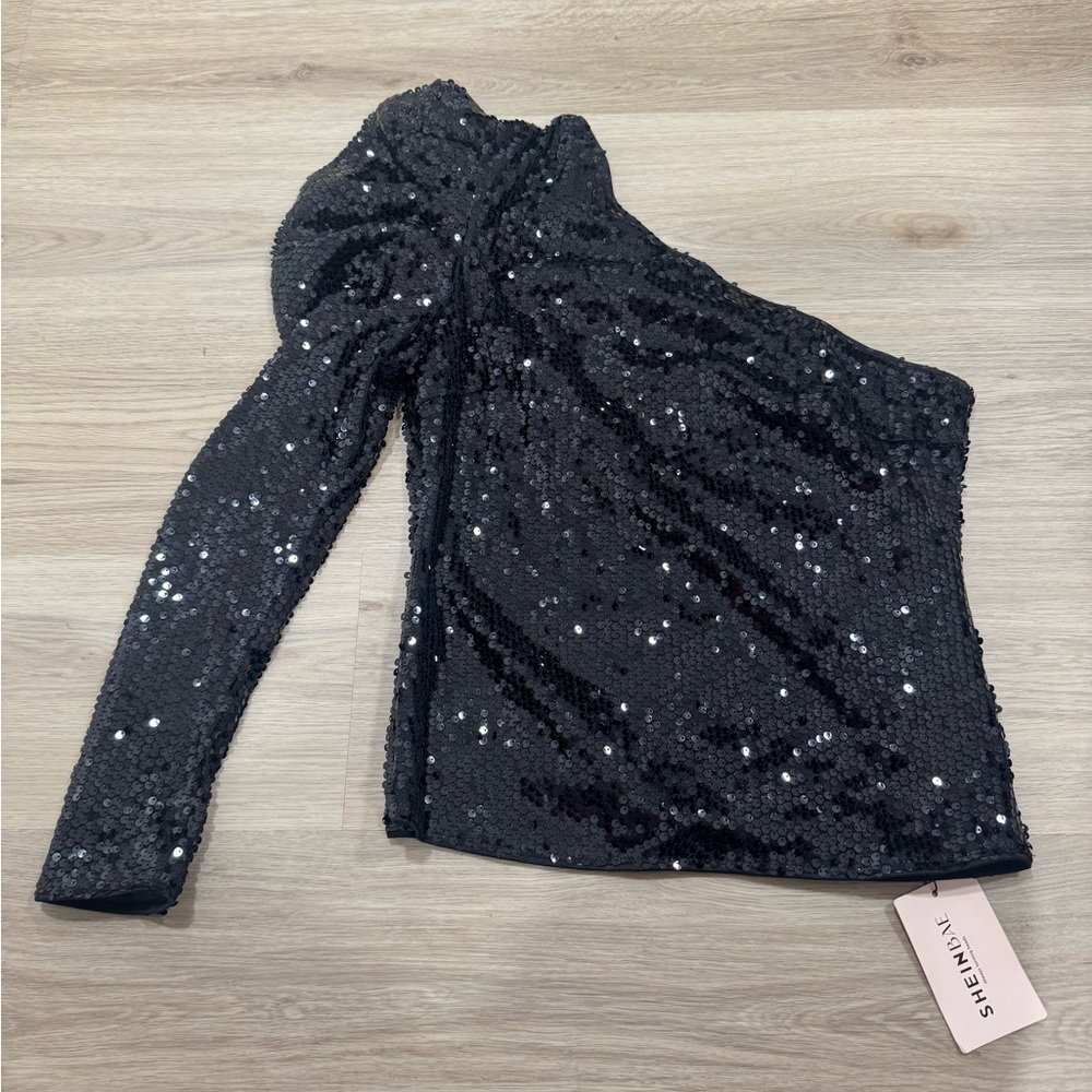 SHEIN Black Sequin Asymmetrical Top